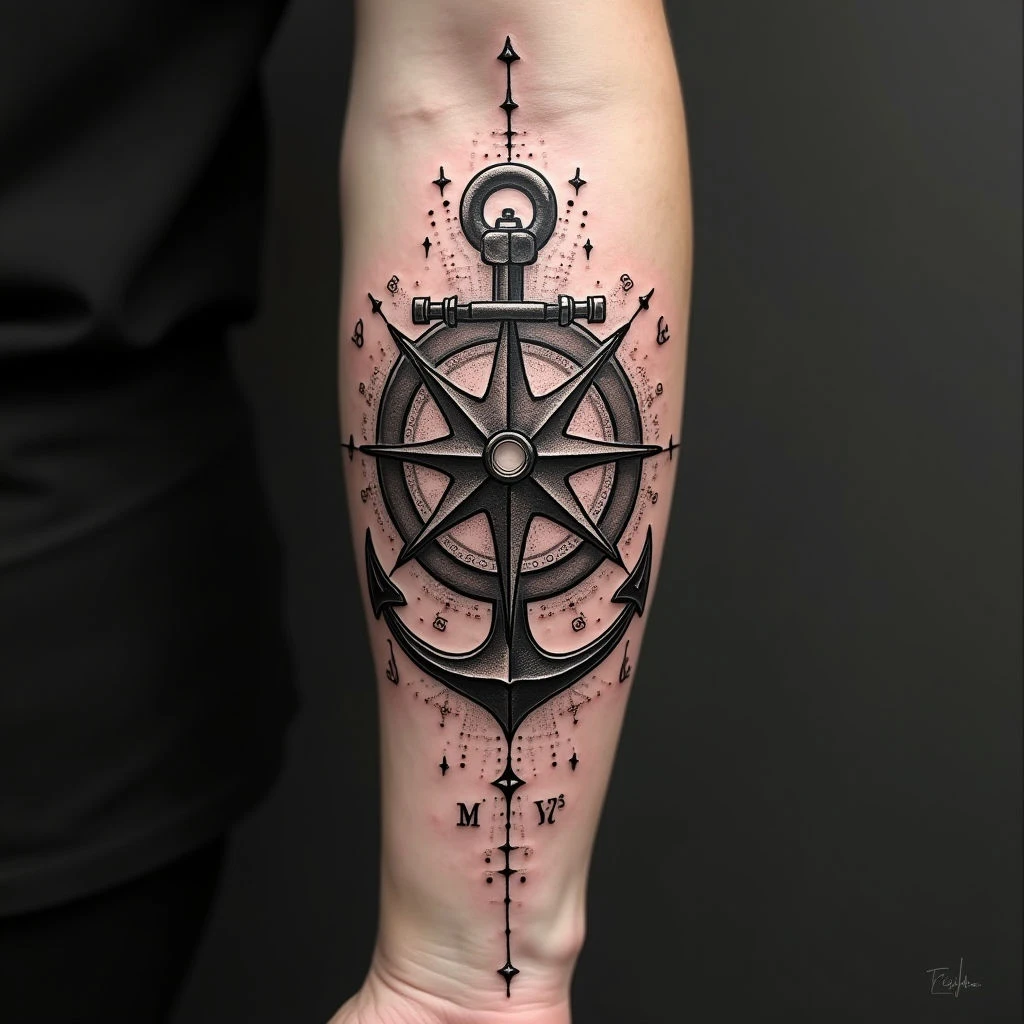 Nautical Half Sleeve Tattoo Design: Compass, Anchor & Map