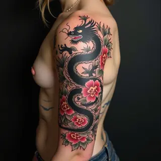 Japanese Dragon and Floral Half Sleeve Tattoo Design