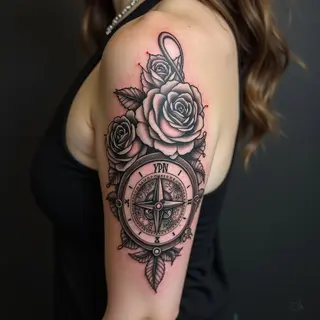 Detailed Rose and Compass Half Sleeve Tattoo Design