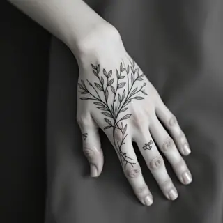 Delicate Botanical Hand Tattoo: A Study in Line and Form