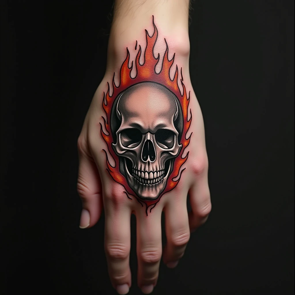 Intricate Skull and Flame Hand Tattoo Design