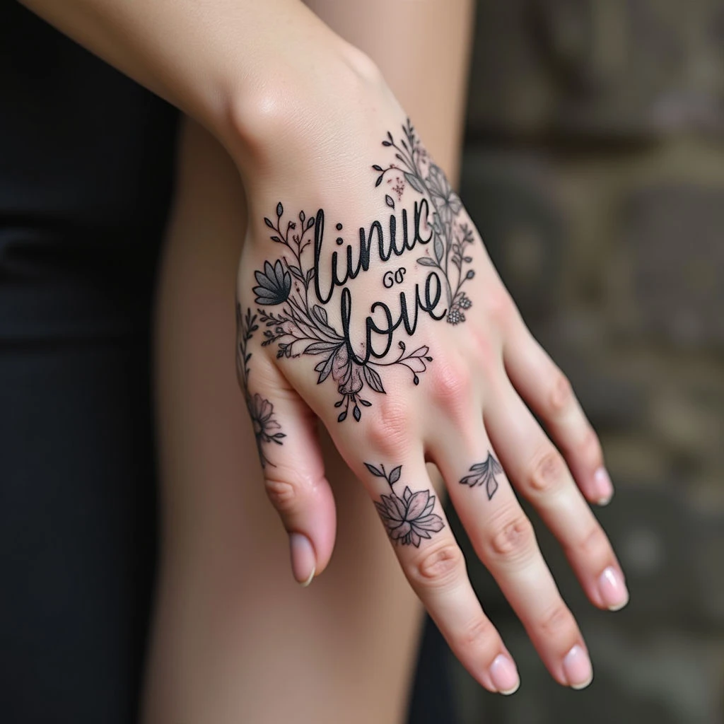Intricate Illustrative Hand Tattoo with Floral and Script Elements