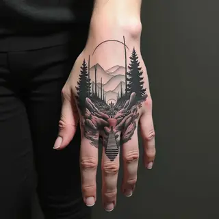 Surreal Landscape Hand Tattoo: A Microcosm of Worlds