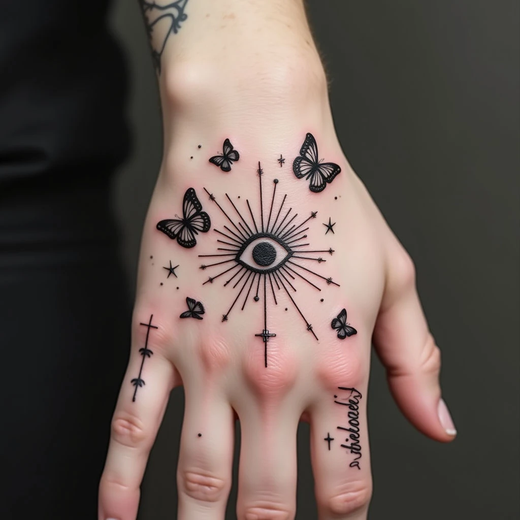 Whimsical Hand Tattoo: Butterflies and Symbols