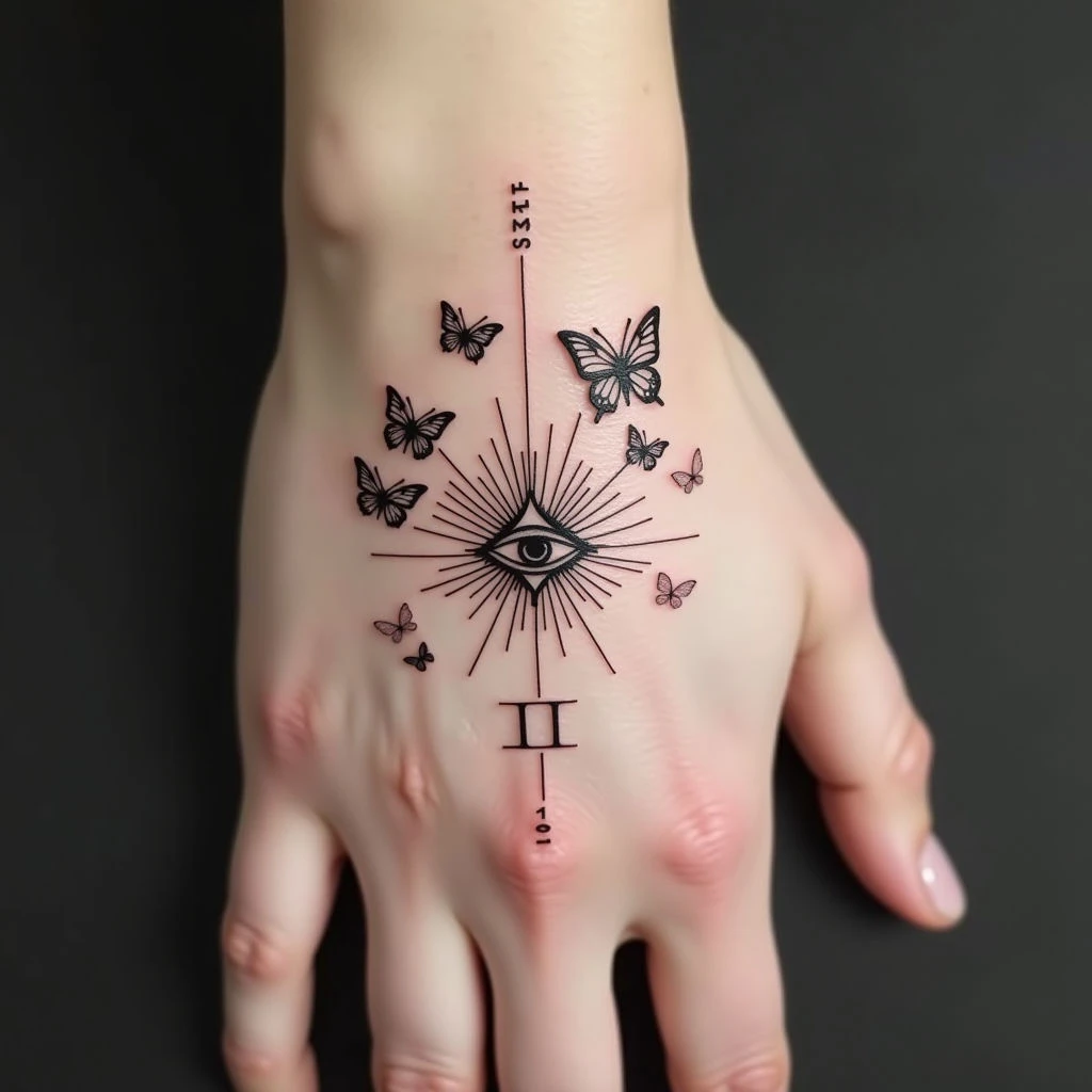 Spiritual Hand Tattoo Design: Butterflies, Eye & Numerals