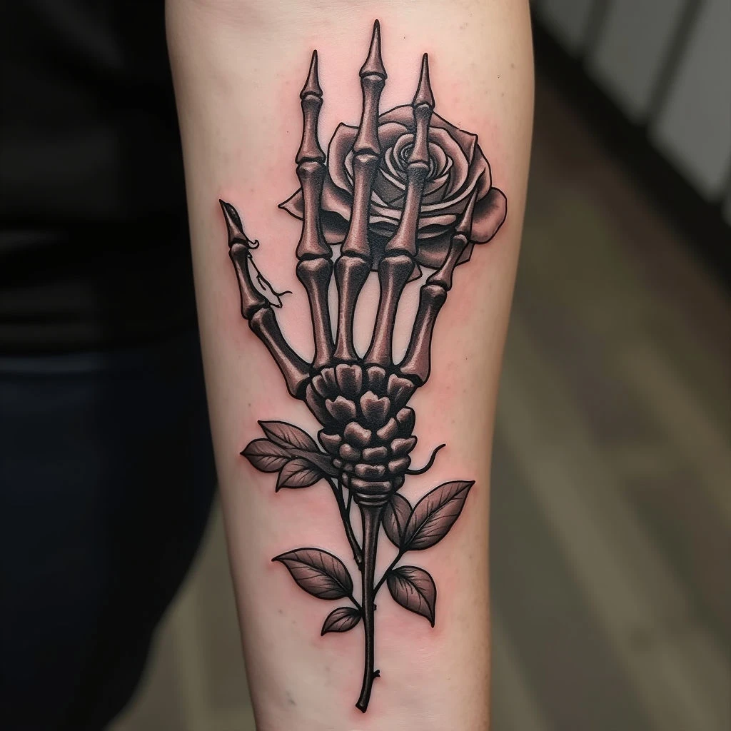 Skeletal Hand and Rose Tattoo Design