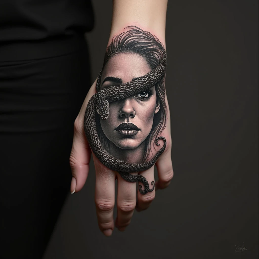 Detailed Portrait and Snake Hand Tattoo