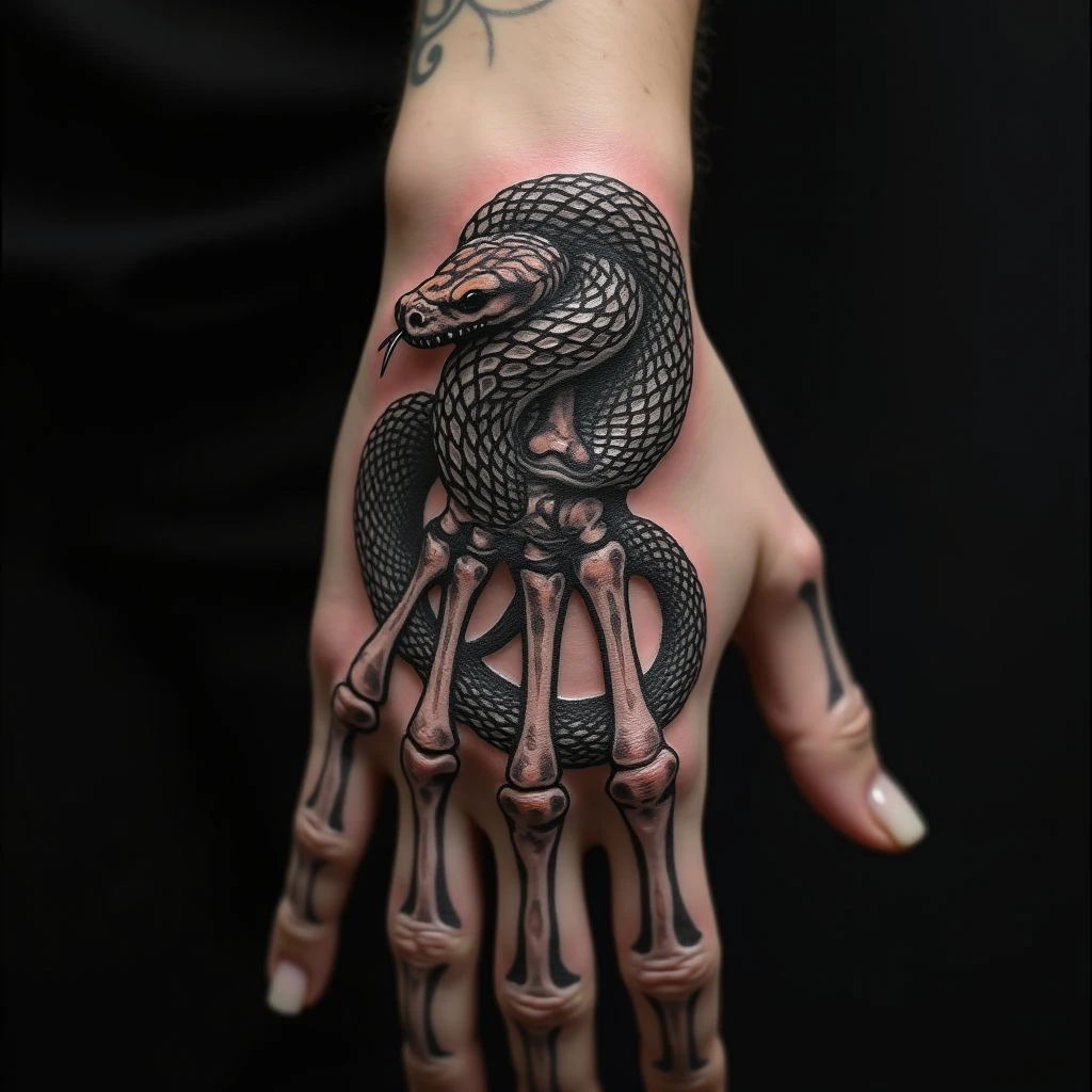 Intricate Snake and Skeleton Hand Tattoo