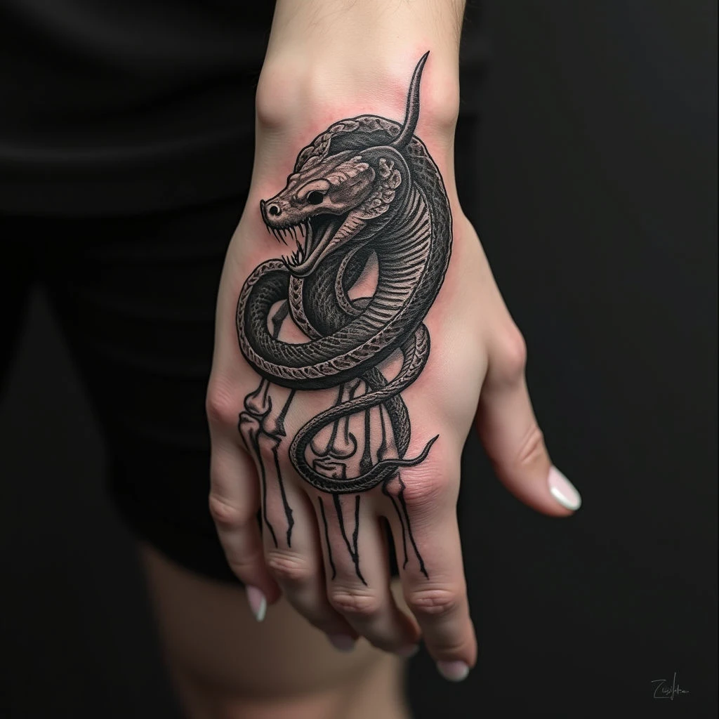 Intricate Snake and Skeleton Hand Tattoo