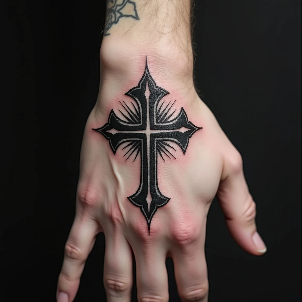 Heraldic Cross Tattoo on Hand: A Study in Blackwork and Shading