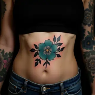 Delicate Blue-Green Flower Tattoos for Your Stomach
