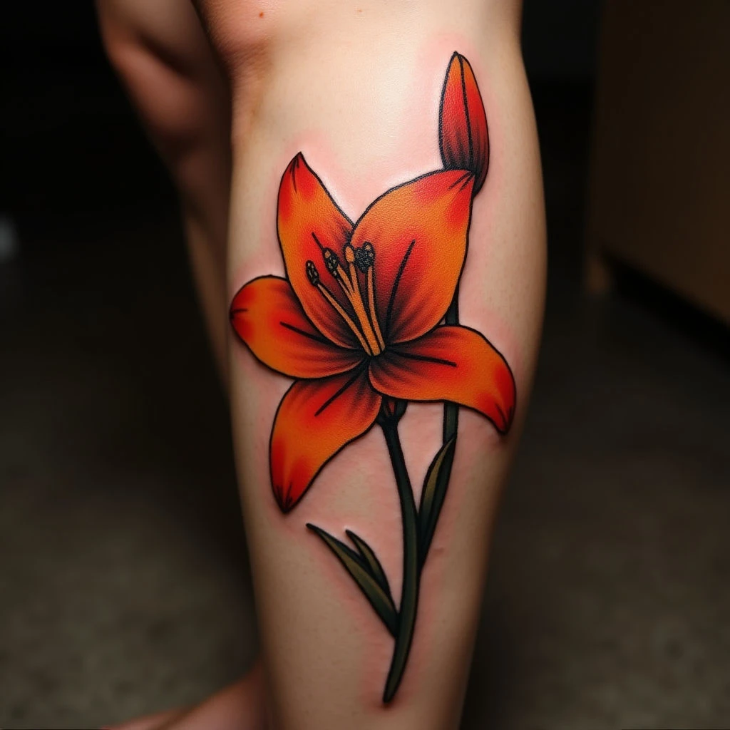 Fiery Lily Flower Tattoos: Tribal Art on Your Calf