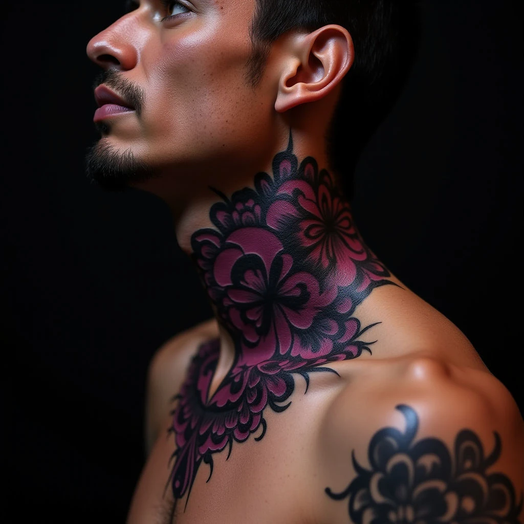 Violet Irezumi Neck Tattoos for Men: Blackwork Inspiration