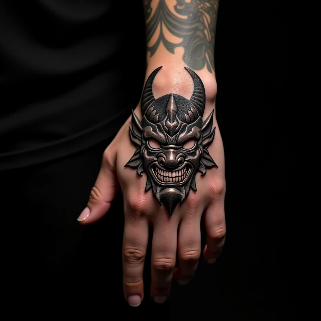 Tiny Japanese Demon Mask Tattoos for Your Hand