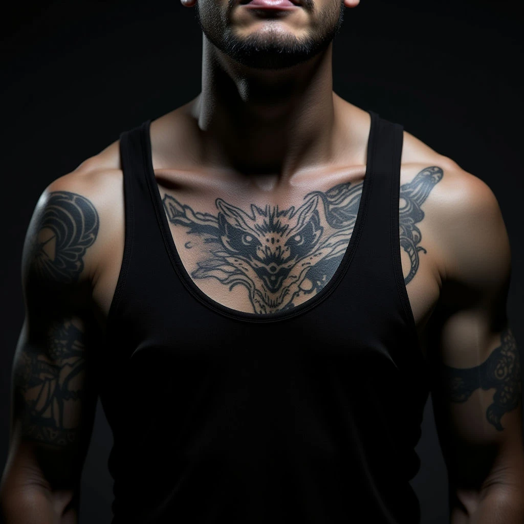 Japanese Blue Dotwork Chest Tattoo Ideas