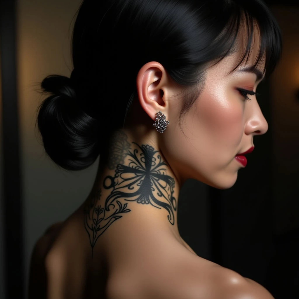 Gothic Irezumi Behind-Ear Tattoo: A Beige Masterpiece