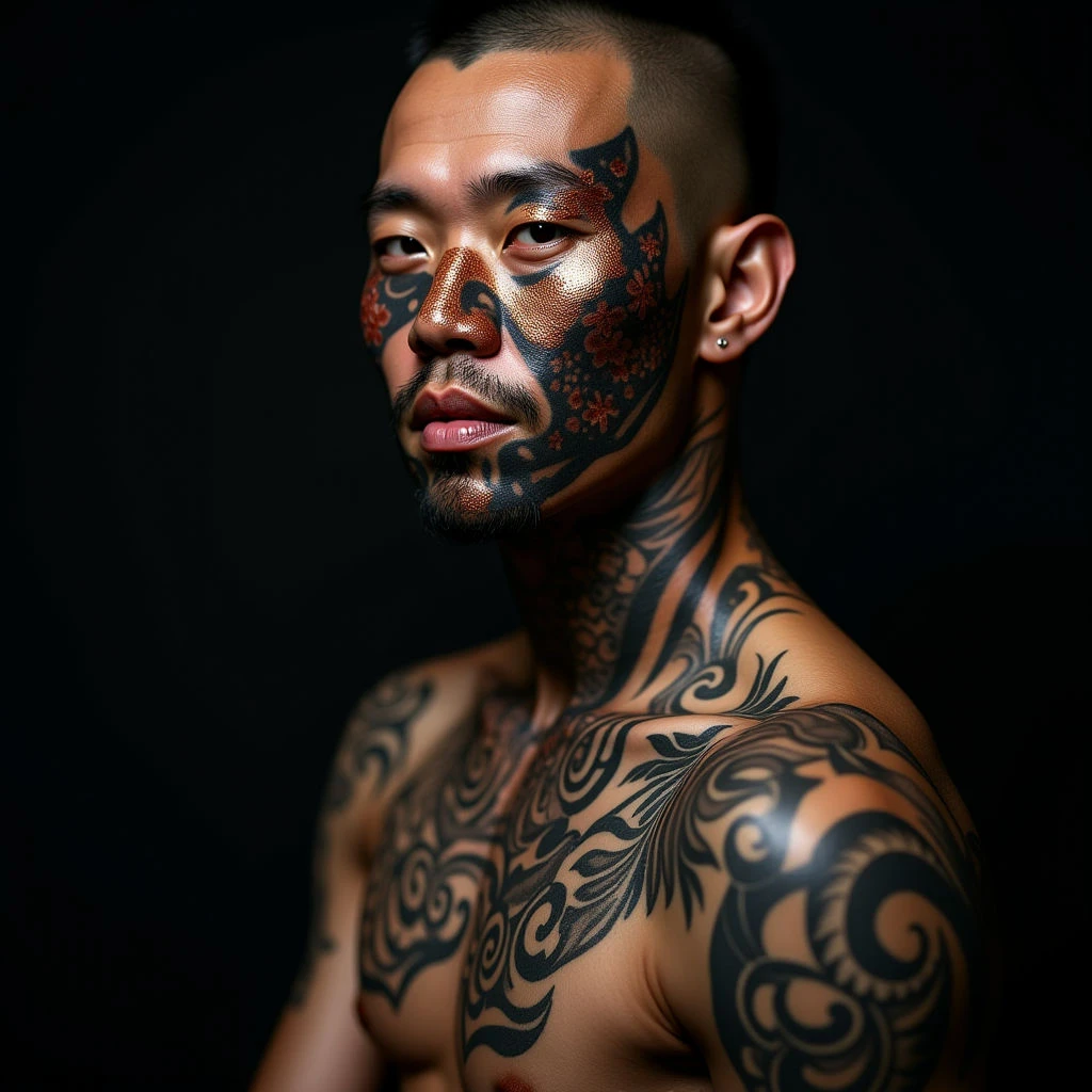 Subtle Black-Grey Oni Mask Face Tattoos: Irezumi Inspiration