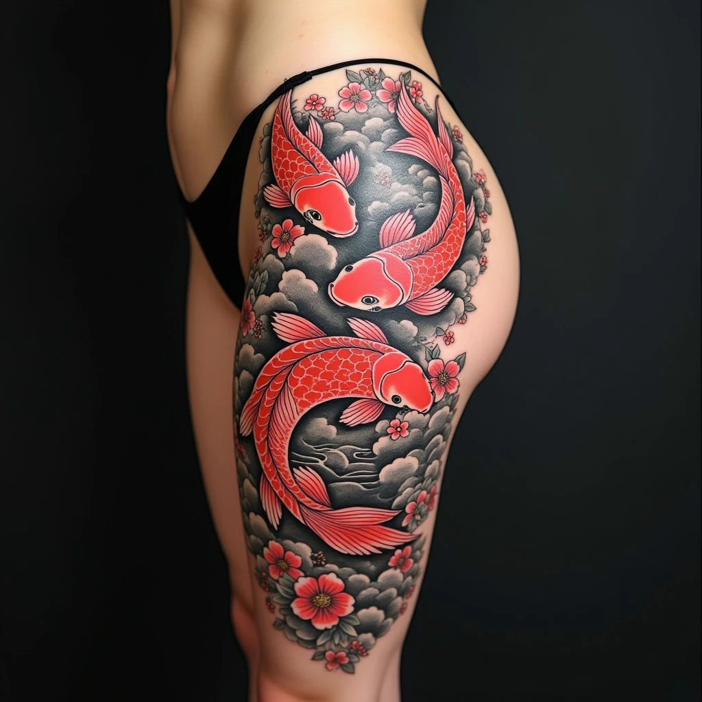 Koi and Cherry Blossom Irezumi Thigh Tattoo