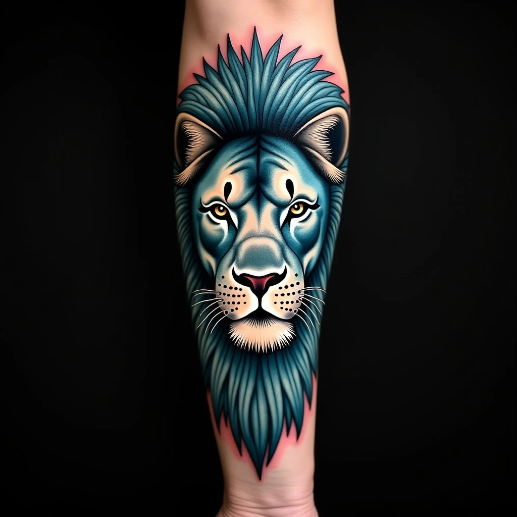 Majestic Blue-Green Mandala Lion Face Tattoo Ideas