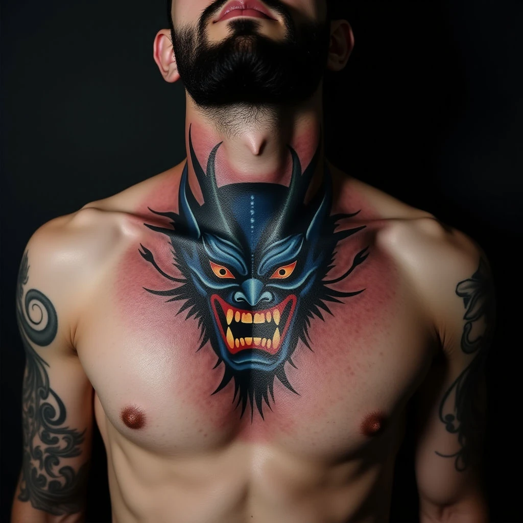 Bold New School Oni Mask Tattoo on Collarbone - Meaning & Design Ideas