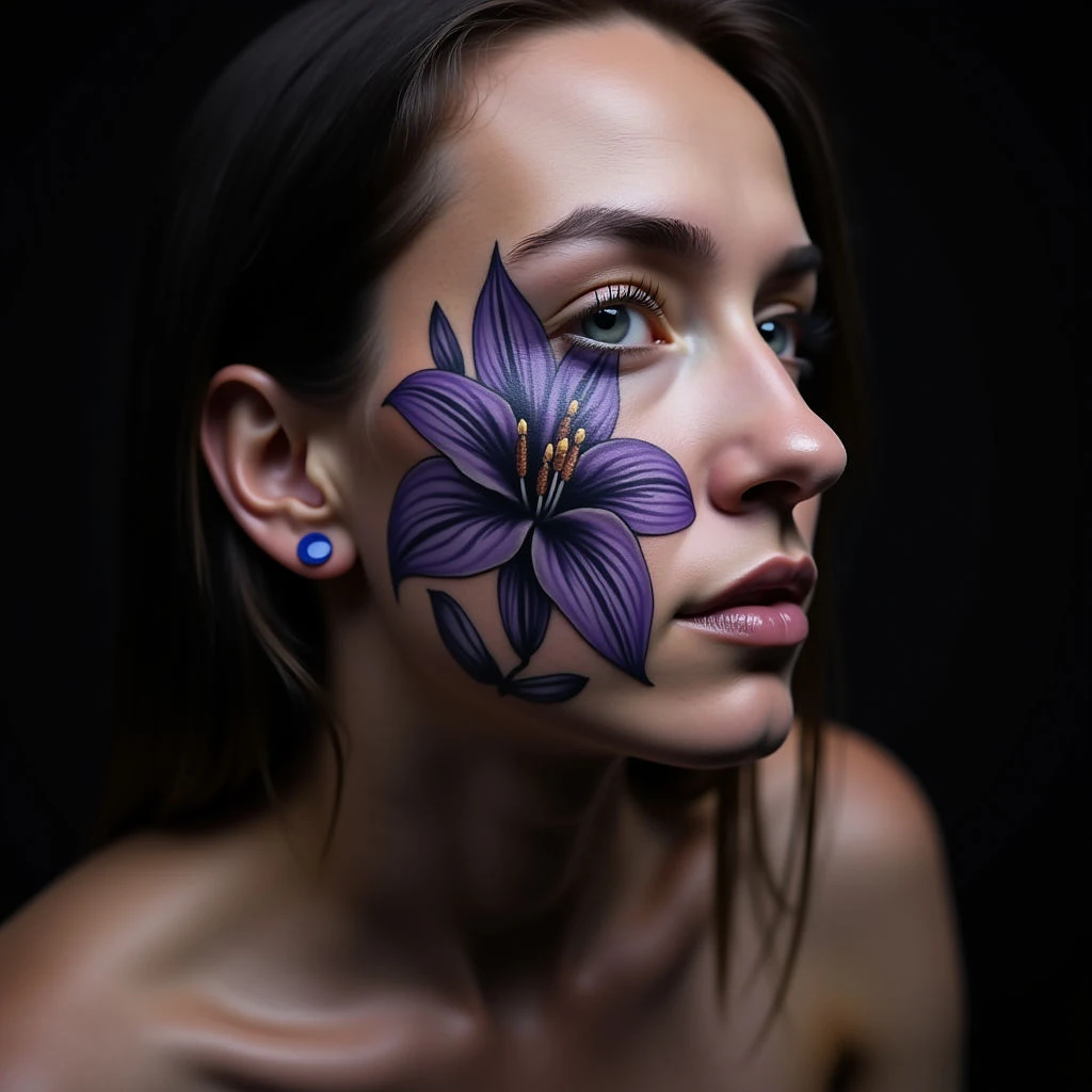 Striking Tiger Lily Face Tattoo Ideas in Blackwork Style