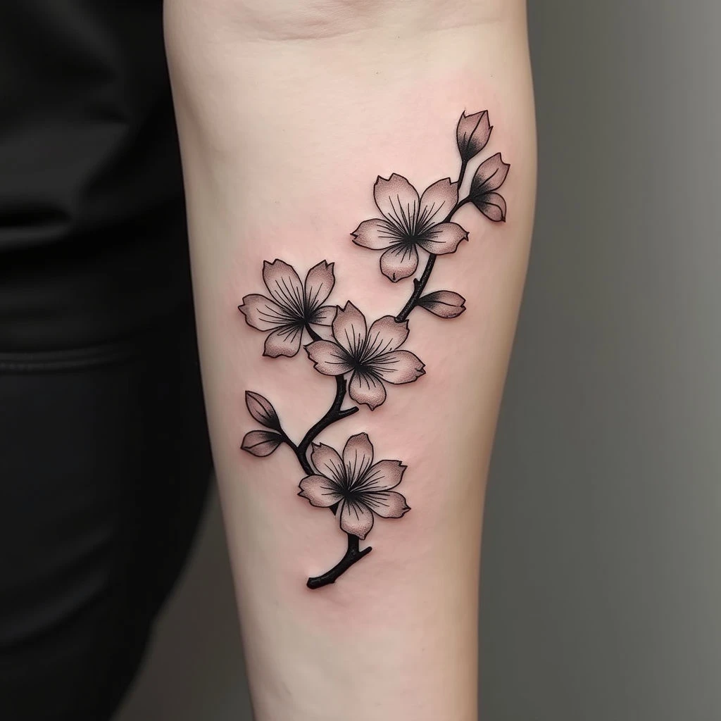 Elegant Cherry Blossom Irezumi Tattoo on Forearm