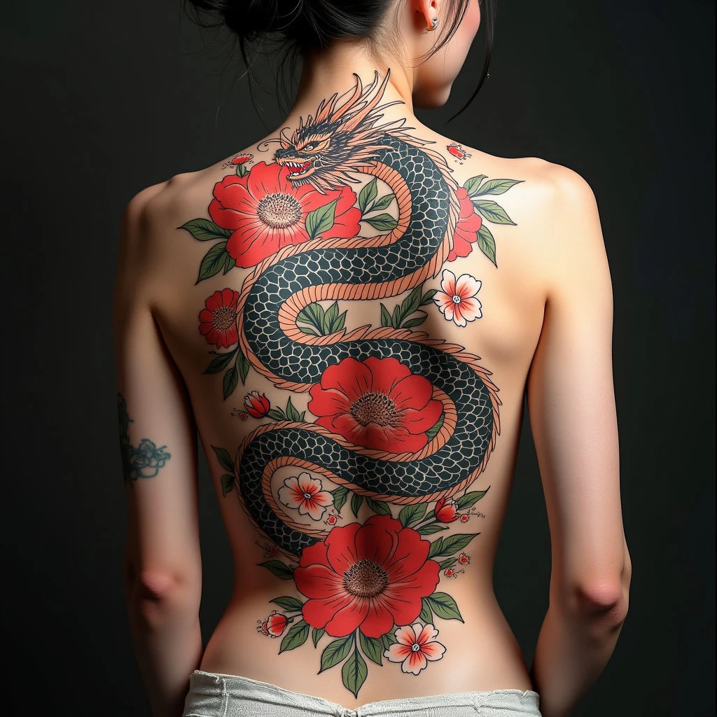 Majestic Dragon and Floral Irezumi Back Tattoo