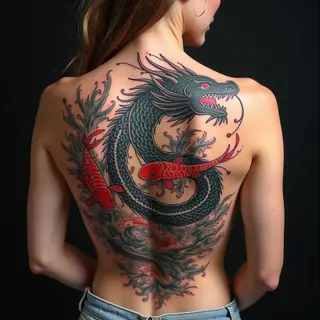 Dramatic Japanese Dragon and Koi Tattoo on Upper Back