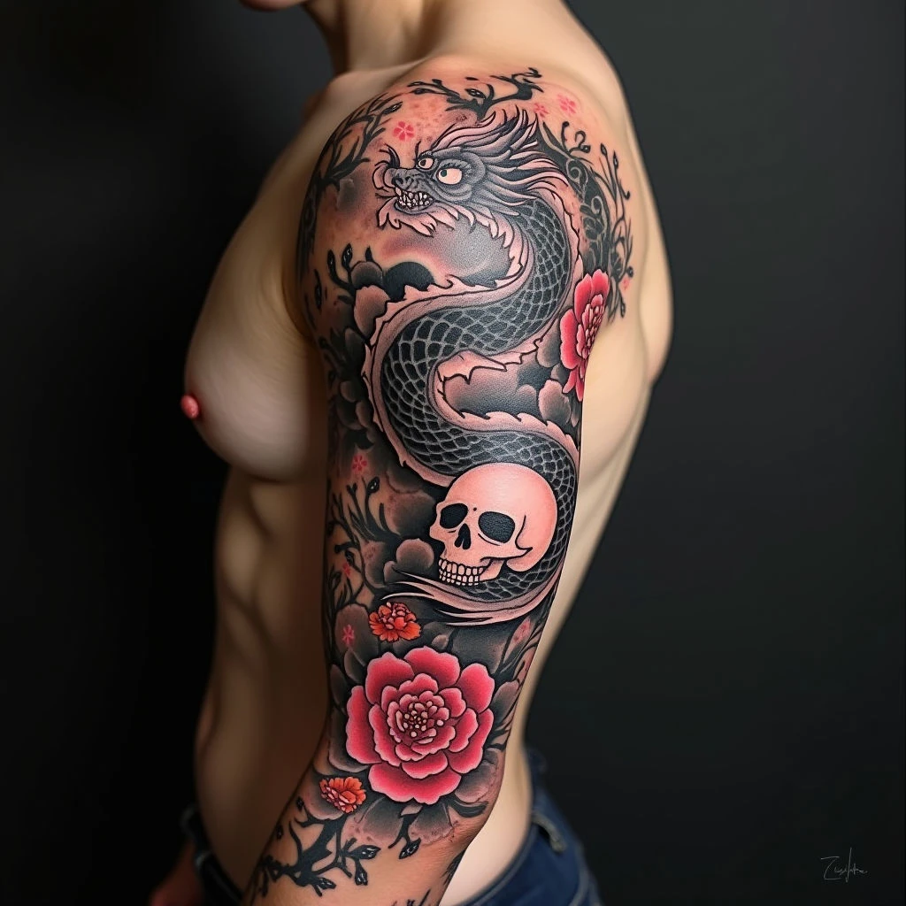 Dramatic Japanese Dragon and Skull Sleeve Tattoo