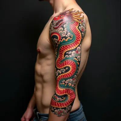 Majestic Japanese Dragon Sleeve Tattoo