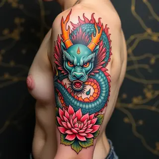 Japanese Irezumi Dragon and Lotus Design