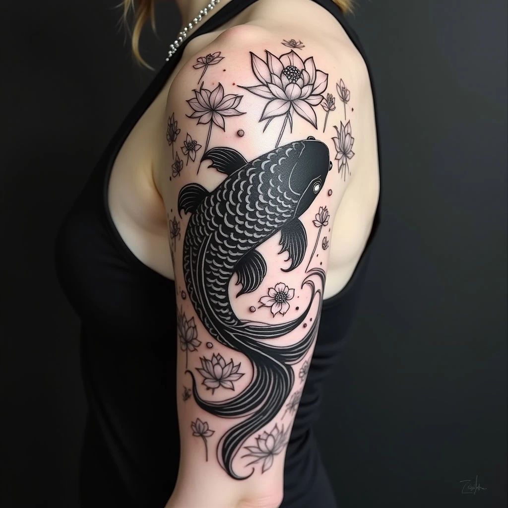 Koi and Lotus Blossom Tattoo Design