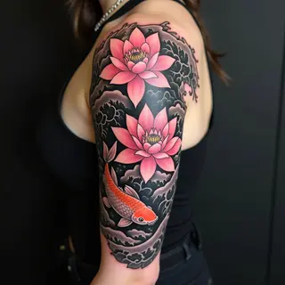 Elegant Japanese Lotus Flower Sleeve Tattoo
