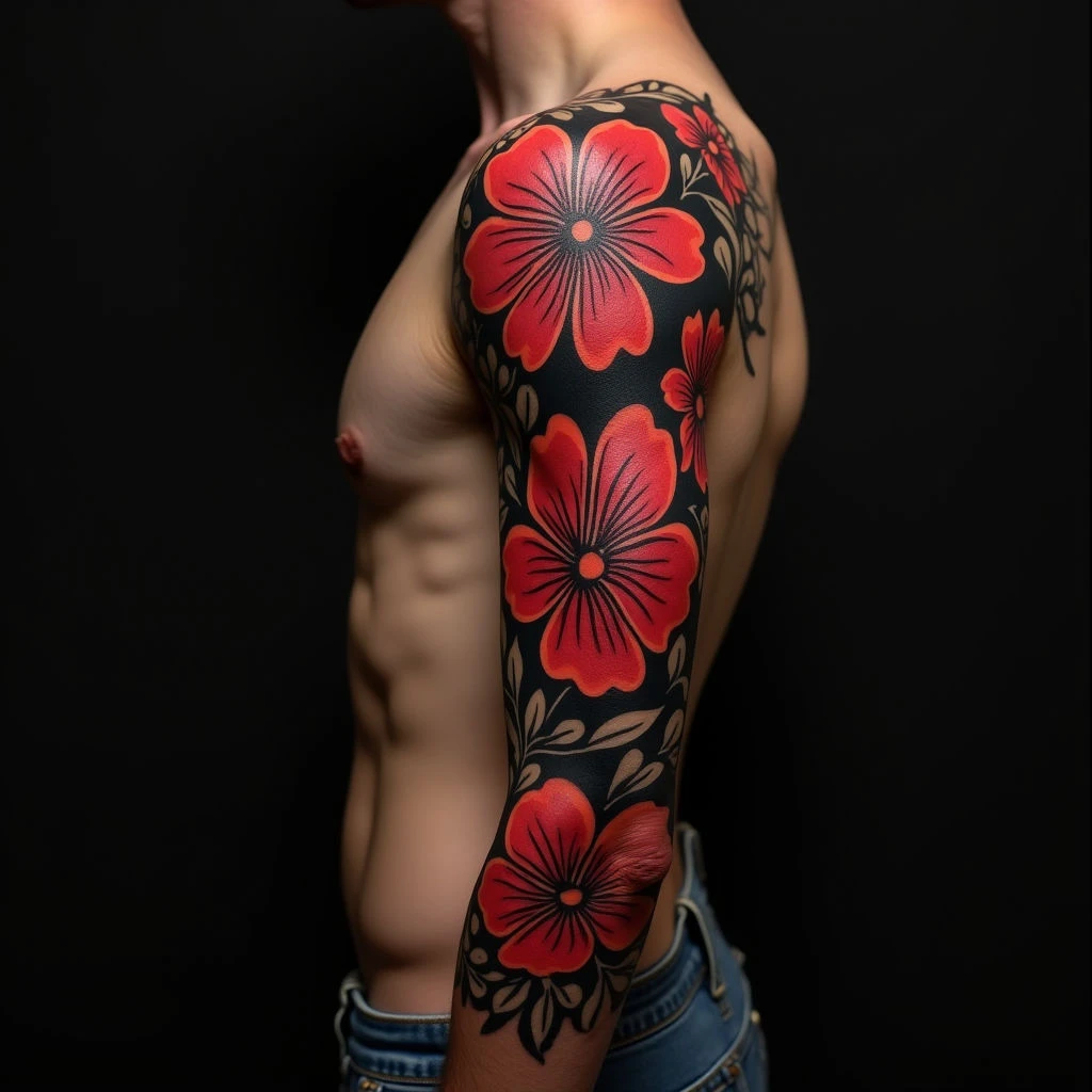 Elegant Japanese Floral Sleeve Tattoo