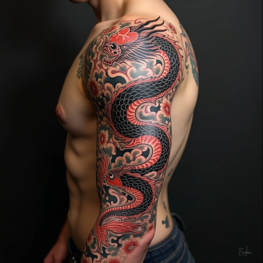 Koi and Dragon Full Sleeve Japanese Tattoo