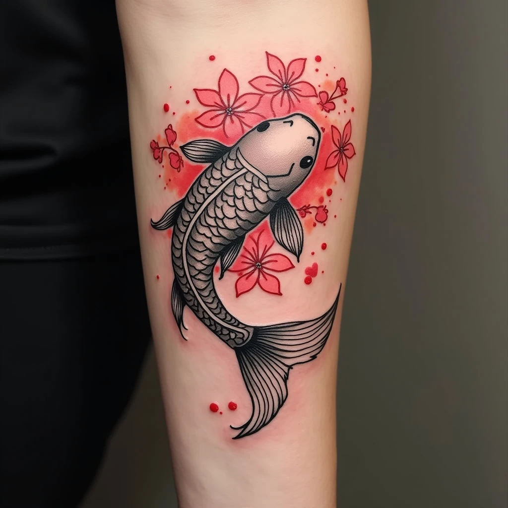 Elegant Japanese Koi and Cherry Blossom Tattoo