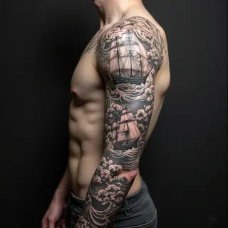 Intricate Japanese-Style Sleeve Tattoo: A Nautical Journey