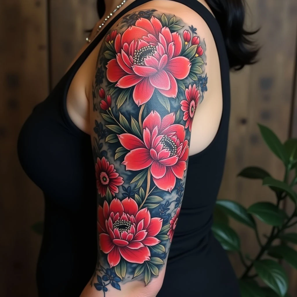 Elegant Japanese Floral Sleeve Tattoo