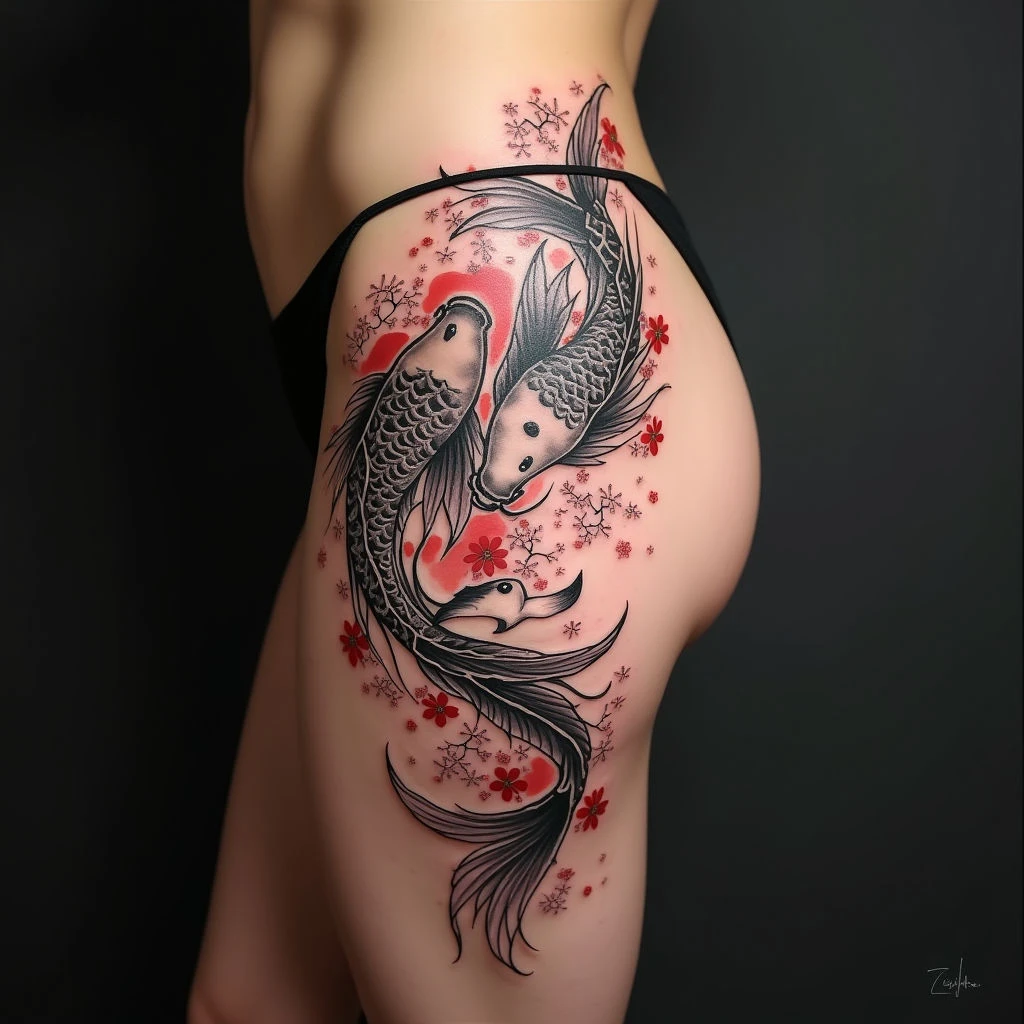 Koi, Crane, and Cherry Blossom Japanese Thigh Tattoo