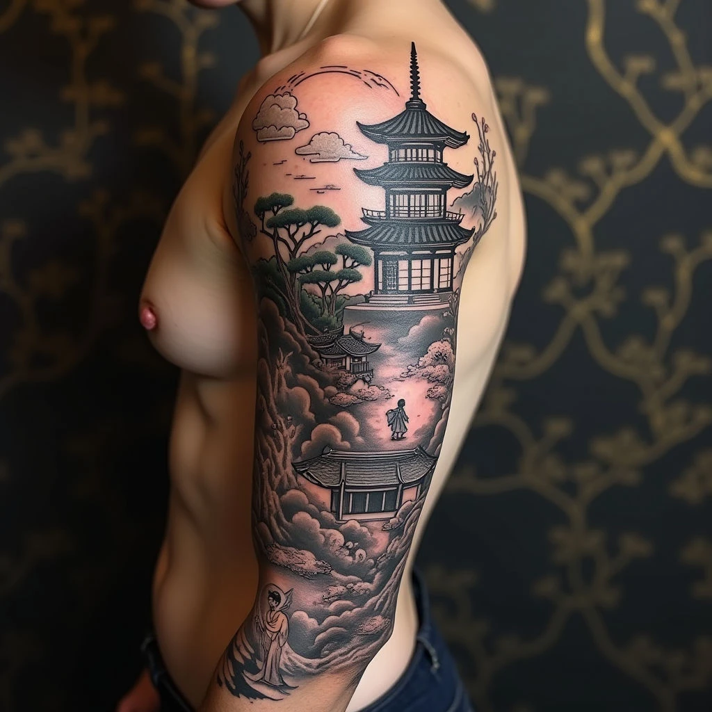 Intricate Japanese Scene Sleeve Tattoo