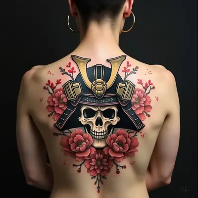 Samurai Helmet and Skull Irezumi Tattoo Design
