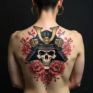 Samurai Helmet and Skull Irezumi Tattoo Design
