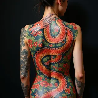 Full Back Japanese Dragon and Foliage Tattoo