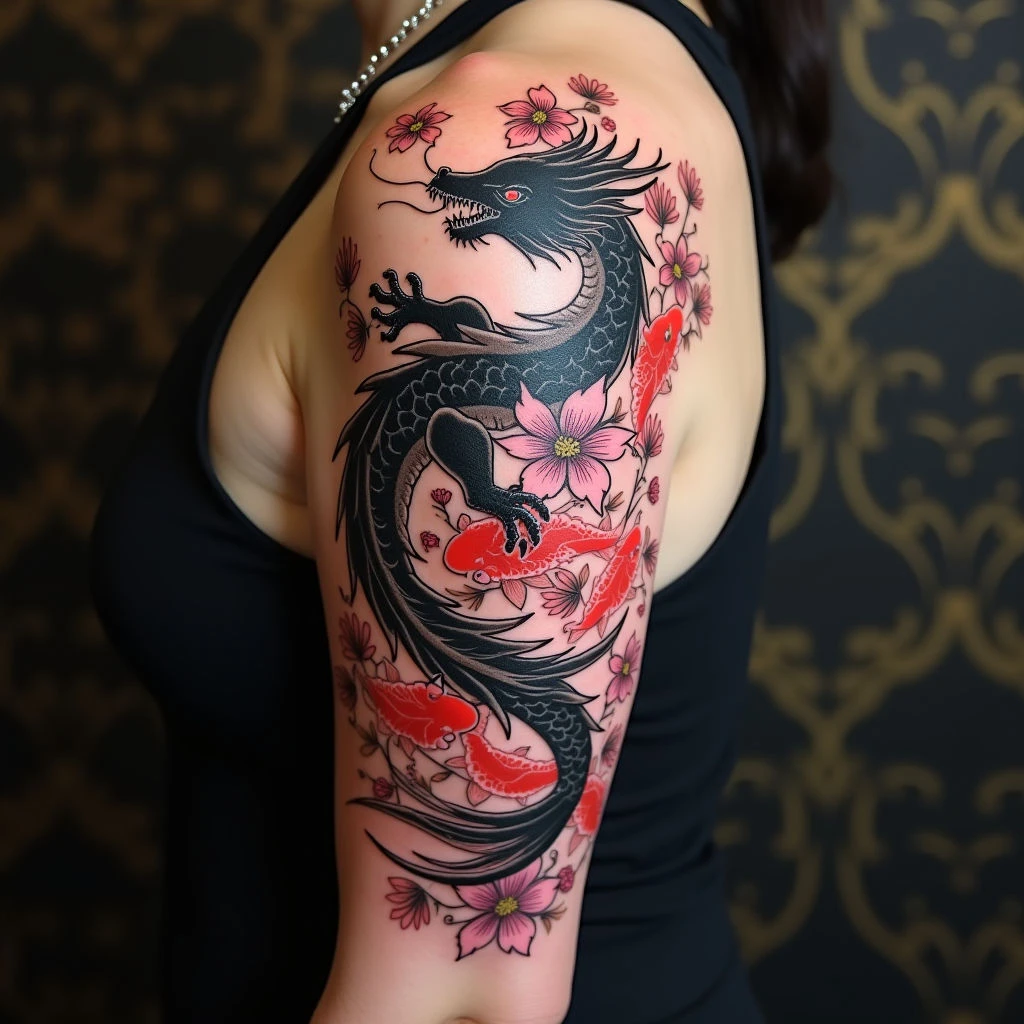 Intricate Japanese Dragon and Koi Sleeve Tattoo