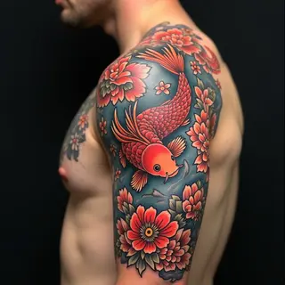 Koi and Floral Japanese Traditional Tattoo