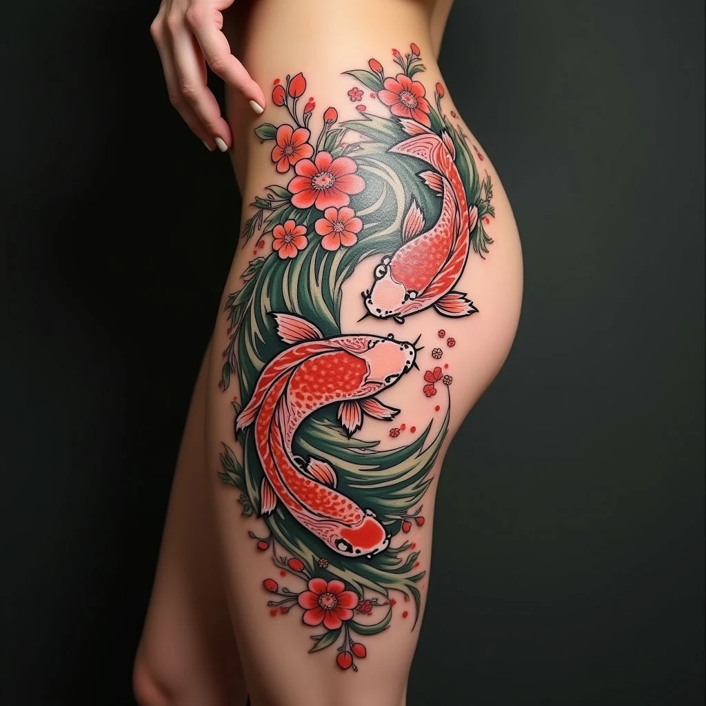 Koi and Cherry Blossom Japanese Thigh Tattoo
