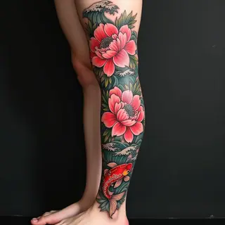 Dynamic Japanese Leg Sleeve: Peonies and Koi