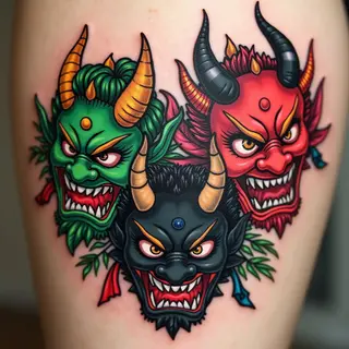 Dynamic Oni and Dragon Mask Tattoo Design