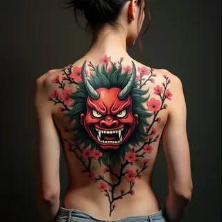 Intricate Oni Mask and Cherry Blossom Back Piece