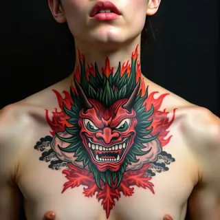 Intricate Oni Mask Tattoo on the Neck